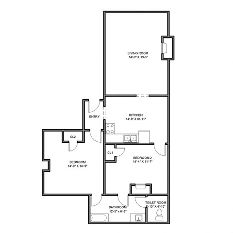 a floor plan of a 1 bedroom floor plan with a mix of bedrooms and baths